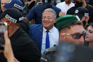 Israel's National Security Minister Itamar Ben Gvir (C) takes part in the Jerusalem Day parade at the Damascus Gate in the old city of Jerusalem on May 14, 2026.