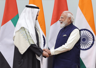 Indian Prime Minister Narendra Modi with UAE President His Highness Sheikh Mohamed bin Zayed Al Nahyan.
