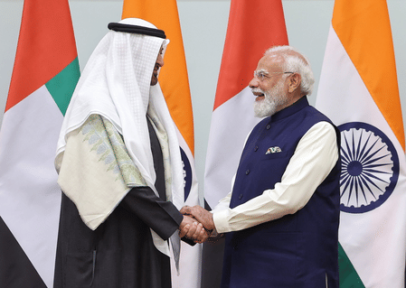 Indian Prime Minister Narendra Modi with UAE President His Highness Sheikh Mohamed bin Zayed Al Nahyan.