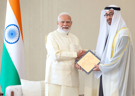 Indian Prime Minister Narendra Modi holds delegation-level talks with UAE President Sheikh Mohamed bin Zayed Al Nahyan in Abu Dhabi, UAE, on Friday, May 15, 2026. 