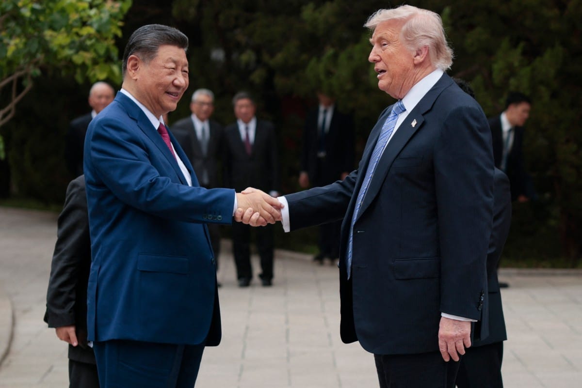 US President Donald Trump (R) shakes hands with China’s President Xi Jinping as he leaves after a visit to Zhongnanhai Garden in Beijing on May 15, 2026.