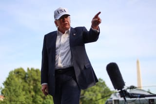 US President Donald Trump gestures as he speaks to reporters after arriving on the South Lawn of the White House in Washington, DC, on May 15, 2026.