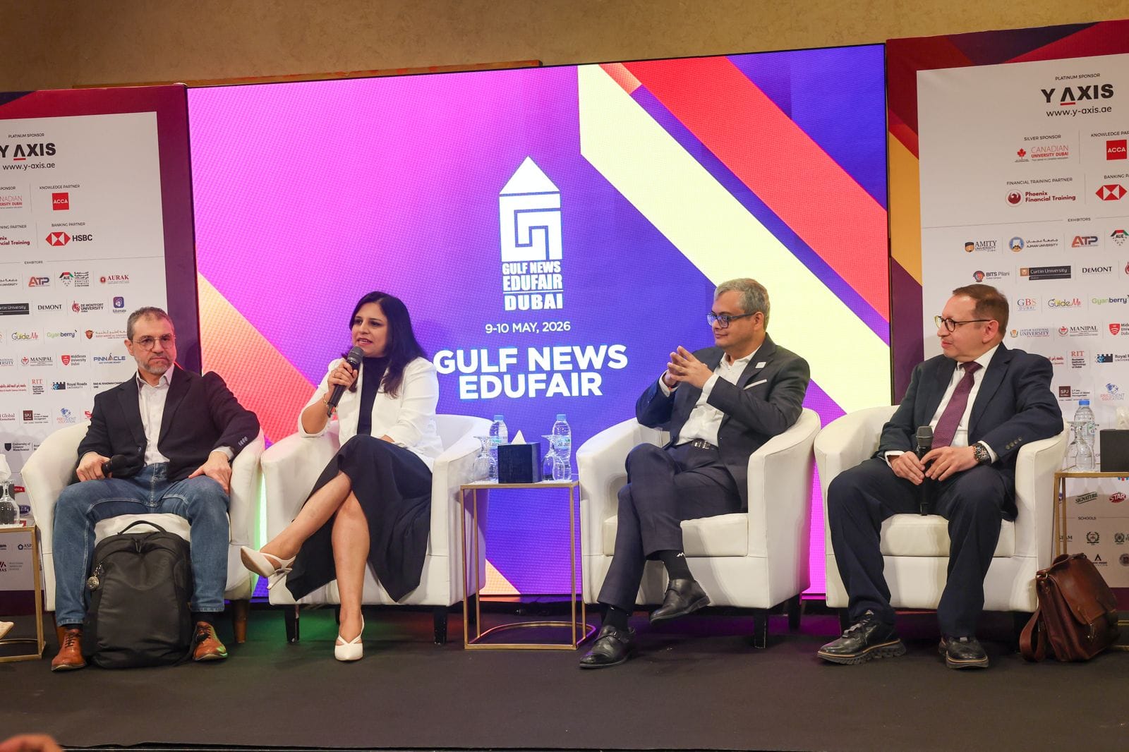 Mustafa Alhariri, Director - Career Services and Outreach, Rochester Institute of Technology (RIT) Dubai; Nidhi Sehgal, Head of School – Business and Humanities, Curtin University Dubai; Arindam Banerjee, Director, Master of Applied Finance & Wealth Management, SP Jain School of Global Management Dubai; and Amir Zeid, Dean, Thumbay College of Management and AI in Healthcare, Gulf Medical University, speaking at Edufair in Dubai

