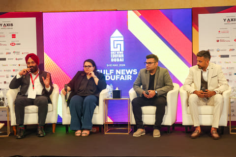 Gagandeep Singh, Business Development Leader, Y-Axis; Ritu Kelwani, Executive Director, Score Plus Education; Abheet Bharti, Co-Founder & CEO, GuideMe and Tejas Labhshetwar, Founder & CEO, Gyanberry during a panel discussion on the second day of Gulf News Edufair 2026 at the H Dubai Hotel