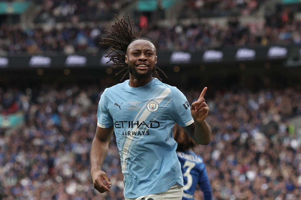 Manchester City's Antoine Semenyo celebrates after scoring the opening goal during the English FA Cup final soccer match between Chelsea and Manchester City in London, Saturday, May 16, 2026. (AP Photo/Richard Pelham)