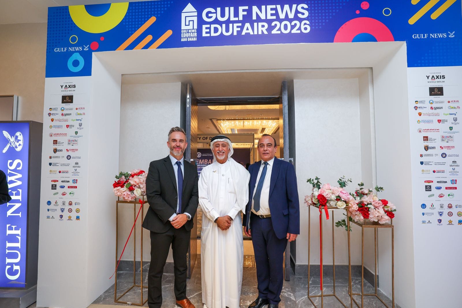 Mark Thompson, Editor-in-Chief of Gulf News, Dr Eesa Al Bastaki, President, University of Dubai, and Vijay Vaghela, CEO of Gulf News during the inauguration of Edufair in Abu Dhabi