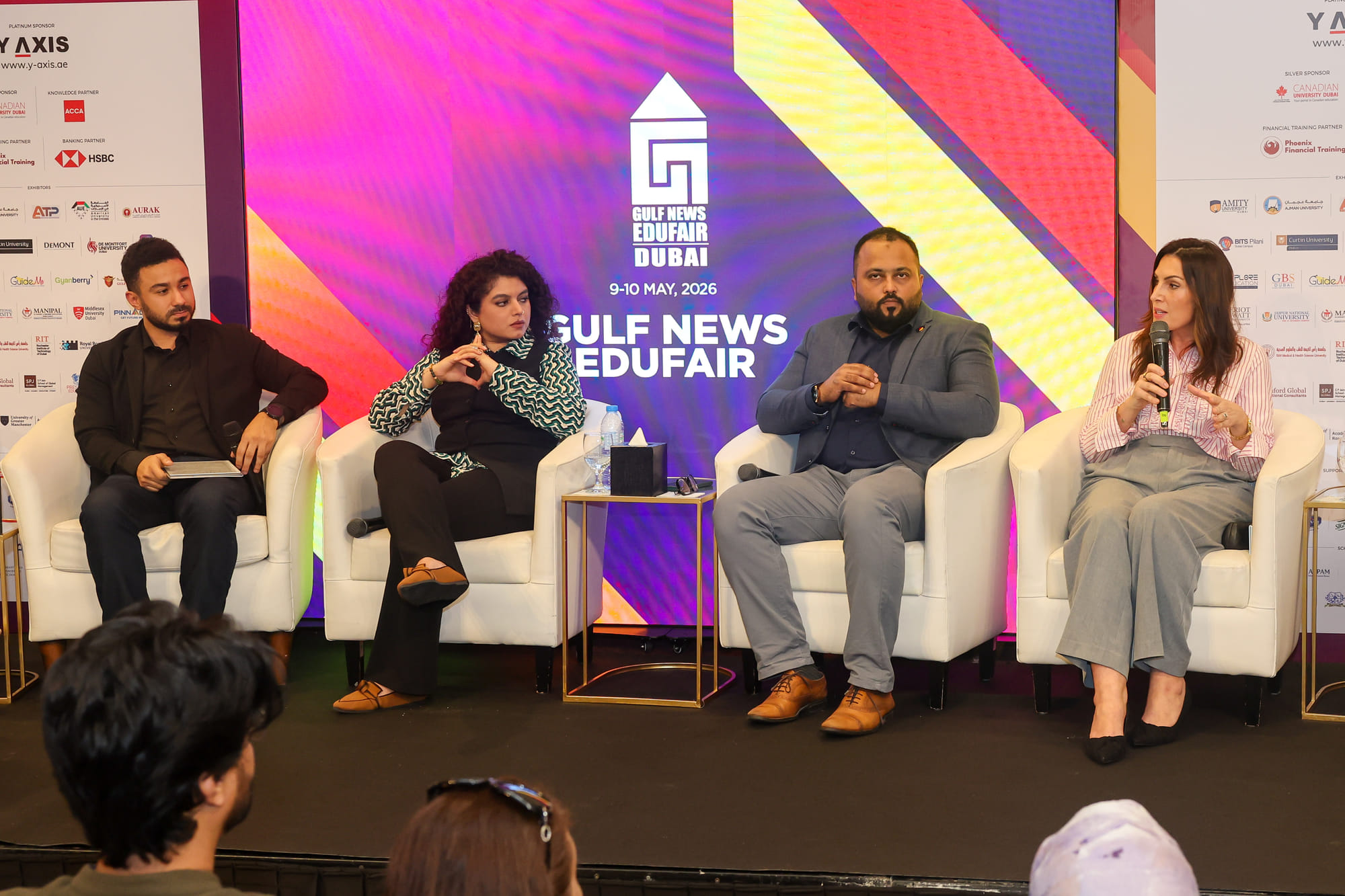 Ahmed Mahdy, Student Recruitment Manager, Canadian University Dubai; Dr. Krishna Priya, Industry Relations & Employability Manager, GBS Dubai; Abdul Razak, Senior Manager - Career Services, BITS Pilani Dubai Campus and Letecia Saunders, Director of MASAR Career Excellence, Ajman University during a panel discussion on the second day of Gulf News Edufair 2026 at the H Dubai Hotel