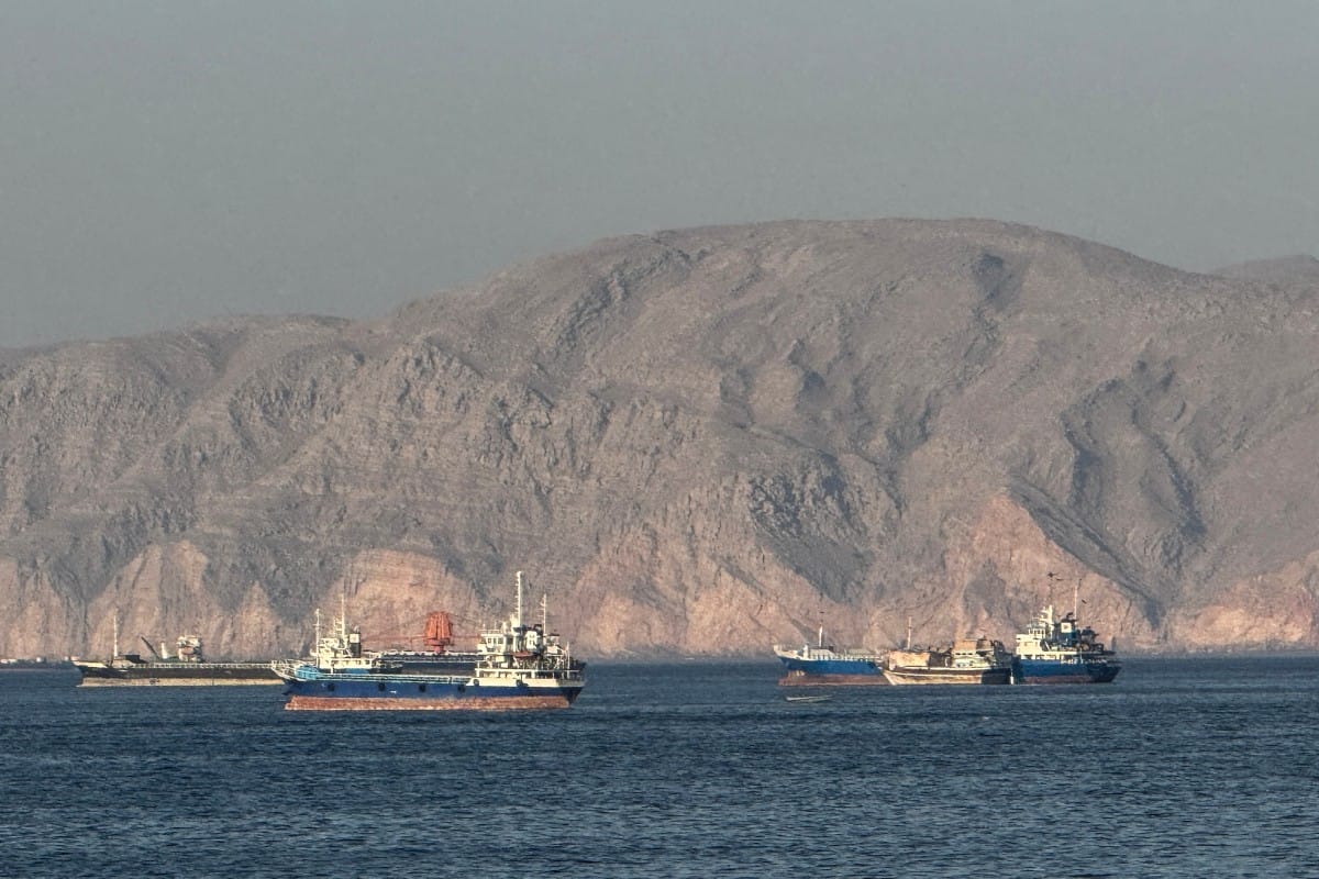 Vessels anchored in the Strait of Hormuz, off the port city of Khasab on Oman’s northern Musandam Peninsula on May 17, 2026.