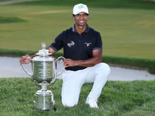 Aaron Rai of England celebrates with The Wanamaker Trophy after victo during the final round of the PGA Championship at Aronimink Golf Club 