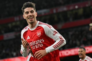 Arsenal's German midfielder #29 Kai Havertz celebrates scoring the opening goal during the English Premier League football match between Arsenal and Burnley at the Emirates Stadium in London on May 18, 2026.