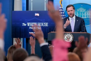 Vice President JD Vance takes questions from reporters during a press conference in the Brady Press Briefing Room at the White House on May 19, 2026 in Washington, DC. Vance held the briefing as White House Press Secretary Karoline Leavitt is away on maternity leave.