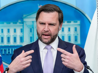 Vice President JD Vance speaks to reporters during a during a press briefing at the White House.