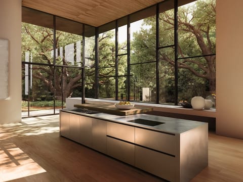 The immersive pop-up showcases interconnected living, dining, and kitchen settings designed with warm neutral tones,