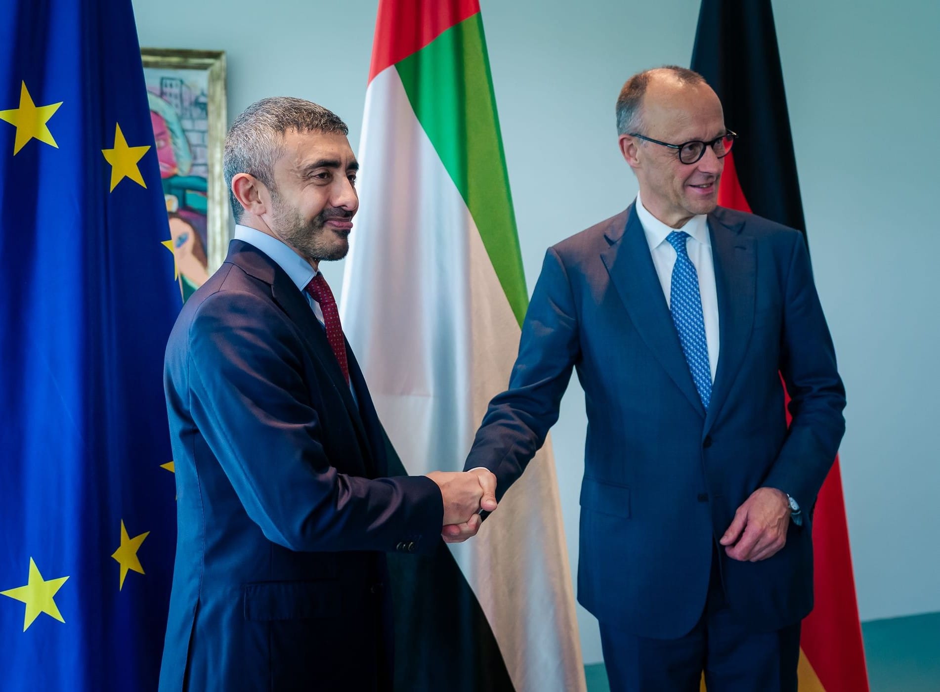Sheikh Abdullah bin Zayed Al Nahyan, UAE Deputy Prime Minister and Minister of Foreign Affairs, with Friedrich Merz, Chancellor of the Federal Republic of Germany, in Berlin.

