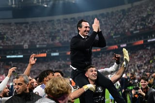 Aston Villa's Spanish manager Unai Emery celebrates with his players after winning the UEFA Europa League final football match between SC Freiburg and Aston Villa at Besiktas Park in Istanbul on May 20, 2026.