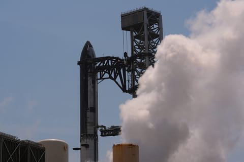 SpaceX's latest version of it's mega rocket Starship is prepared for a test flight from Starbase, Texas, Wednesday, May 20, 2026. (AP Photo/Eric Gay)