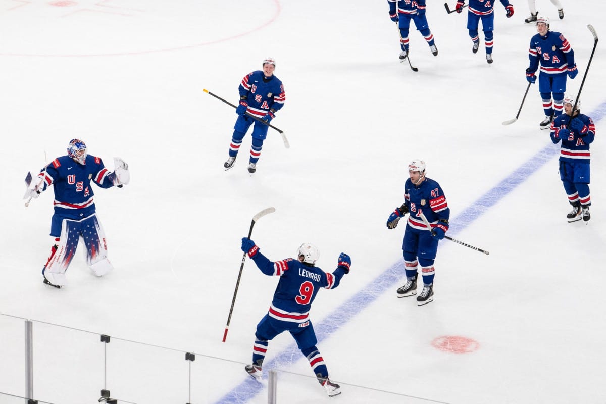 USA's forward #9 Ryan Leonard (Centre bottom) celebrates after winning the groupe A match between USA and Germany, at the IIHF Ice Hockey Men's World Championship at Swiss Life Arena, in Zurich, Switzerland, on May 20, 2026.