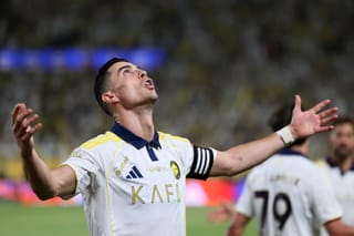 Nassr's Portuguese forward #07 Cristiano Ronaldo celebrates after his team scored their second goal during the Saudi Pro League football match between Al-Nassr and Damac at the Al-Awwal Park Stadium in Riyadh on May 21, 2026.