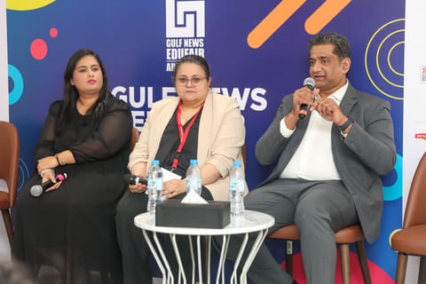 Namrata Walia, Co-Founder and Head of Admissions at GuideMe Education, Ritu Kalwani, Executive Director at Score Plus Education, and  Zawahir Siddique, Dean and Head of Blended Learning at Westford, speaking at a panel at Edufair in Abu Dhabi 