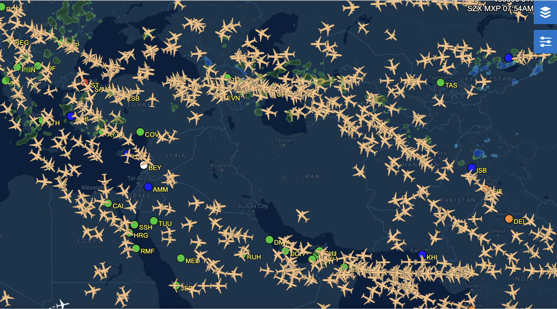 FlightAware data shows airlines rerouting flights around Iranian airspace and conflict-sensitive corridors near the Strait of Hormuz amid continuing regional tensions following the fragile US-Iran ceasefire.