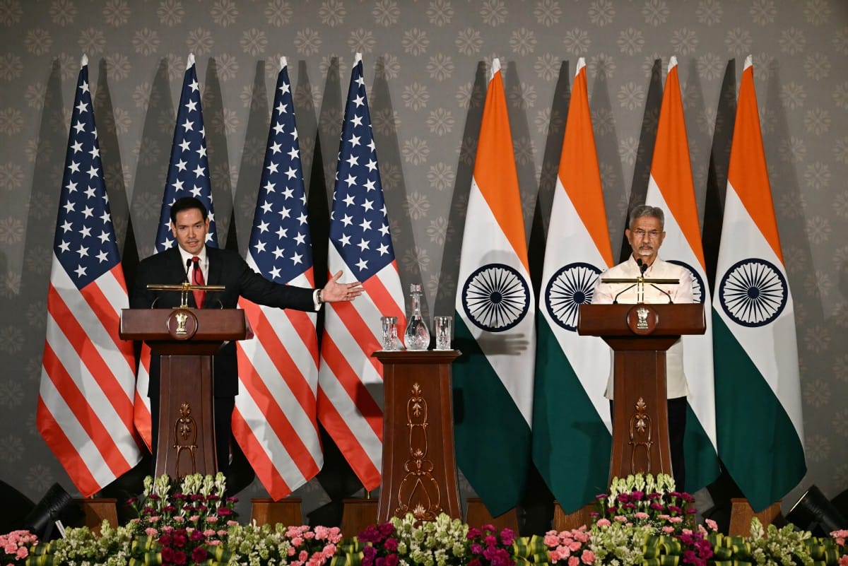 US Secretary of State Marco Rubio (L) addresses a joint press conference with India's Foreign Minister Subrahmanyam Jaishankar following their meeting at Hyderabad House in New Delhi on May 24, 2026.