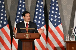 US Secretary of State Marco Rubio addresses a joint press conference with India's Foreign Minister Subrahmanyam Jaishankar (not pictured) following their meeting at Hyderabad House in New Delhi on May 24, 2026.