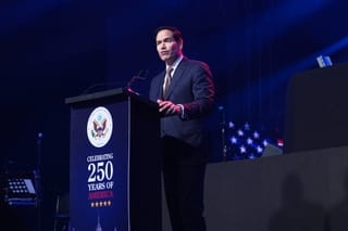 United States Secretary of State Marco Rubio delivers a speech at an event celebrating the United States' 250th anniversary at the Bharat Mandapam convention center in New Delhi on May 24, 2026.