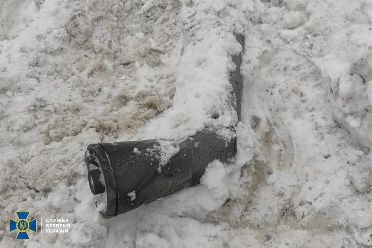 This handout photograph taken and released by the Ukrainian Security Service on January 9, 2026 reportedly shows a fragment of a Russian Oreshnik ballistic missile at an undisclosed location, said to have been used for only the second known time in a strike on the western Lviv region overnight, amid the Russian invasion of Ukraine.
