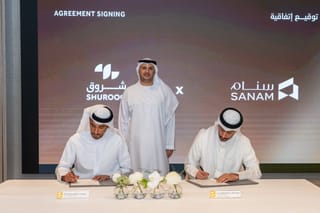 Yousif Al Mutawa and Dr Sulaiman Tareq Al Abduljader during the agreement signing ceremony in the presence of Ahmed Obaid Al Qaseer, CEO of Shurooq.