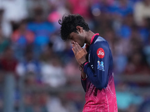 Rajasthan Royals' Yash Raj Punja celebrates the wicket of Mumbai Indians' Corbin Bosch during the Indian Premier League cricket match between Mumbai Indians and Rajasthan Royals in Mumbai, India.