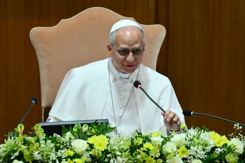 Pope Leo XIV attends the presentation of his first Encyclical Letter “Magnifica Humanitas” focused on the rise of artificial intelligence, in The Vatican on May 25, 2026.