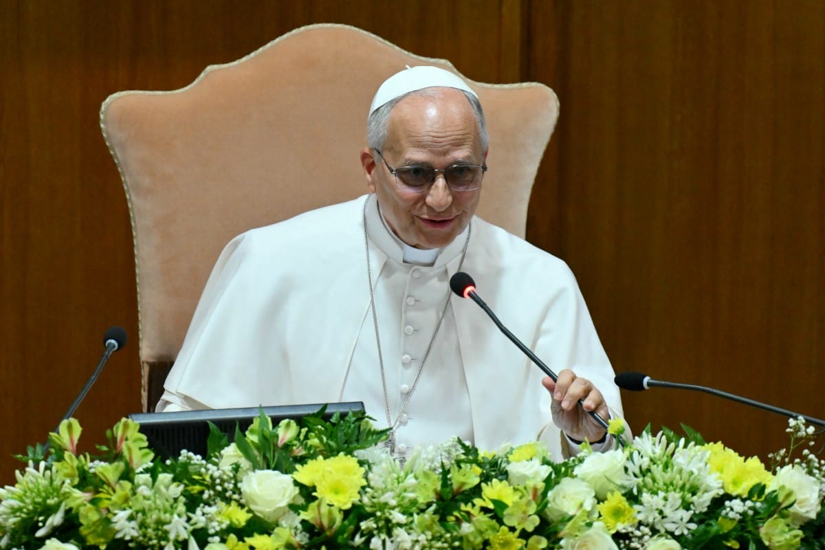 Pope Leo XIV attends the presentation of his first Encyclical Letter “Magnifica Humanitas” focused on the rise of artificial intelligence, in The Vatican on May 25, 2026.