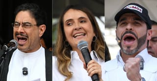 This combination of pictures created on May 14, 2026, shows Colombia's presidential candidate from the ruling party Pacto Historico, Ivan Cepeda, delivering a speech during a May Day rally marking International Workers Day in Bogota on May 1, 2026; Colombia's presidential candidate Paloma Valencia, of the Centro Democratico party, speaking during a campaign rally in Rionegro, Antioquia department, Colombia on April 13, 2026; and Colombian presidential candidate for the Defensores de la Patria political movement, Abelardo de la Espriella, gesturing during a campaign rally in Medellin, Colombia on January 28, 2026.