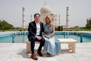 US Secretary of State Marco Rubio poses alongside his wife Jeanette at the Taj Mahal in Agra on May 25, 2026.