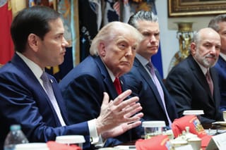 Secretary of State Marco Rubio (L) speaks with U.S. President Donald Trump (2nd-L) during a Cabinet meeting in the Cabinet Room of the White House on May 27, 2026 in Washington, DC. Trump meets with his Cabinet days after saying a peace deal with Iran was “largely negotiated” amid expectations around the re-opening the Strait of Hormuz.