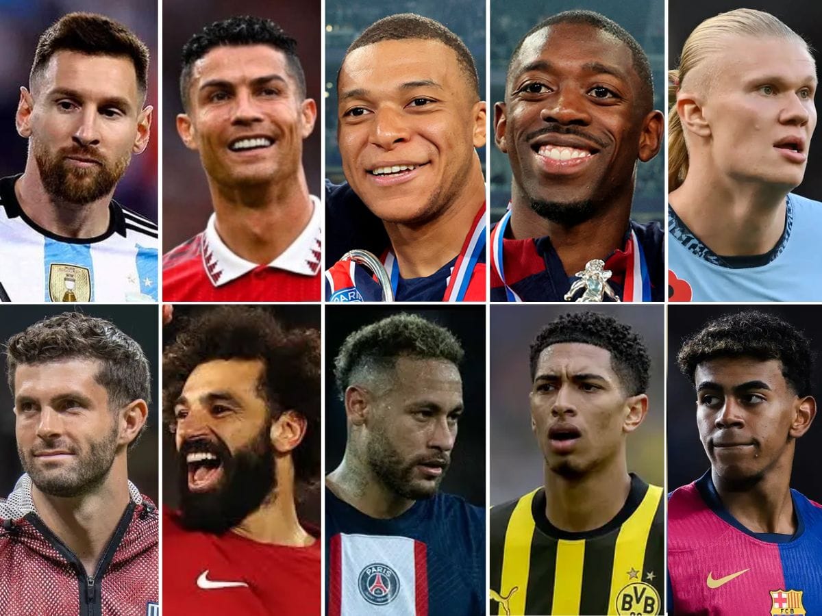Clockwise (from top left): Lionel Messi, Cristiano Ronaldo, Kylian Mbappe Ousmane Dembele Erling Haaland Lamine Yamal Jude Bellingham, Neymar, Mohamed Salah, and Christian Pulisic.