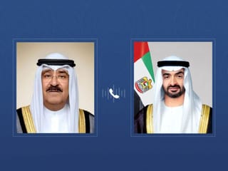 UAE President His Highness Sheikh Mohamed bin Zayed Al Nahyan (right) and His Highness Sheikh Mishal Al-Ahmad Al-Jaber Al-Sabah, Emir of the State of Kuwait.