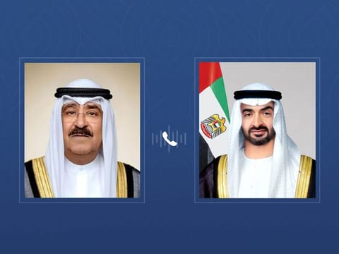 UAE President His Highness Sheikh Mohamed bin Zayed Al Nahyan (right) and His Highness Sheikh Mishal Al-Ahmad Al-Jaber Al-Sabah, Emir of the State of Kuwait.