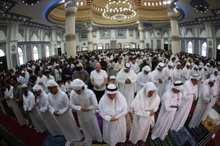 Residents offering Eid Al Adha prayers at Al Farooq Omar bin Al Khattab Mosque (Blue Mosque) in Dubai.