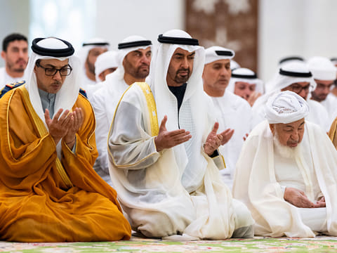 (L-R) Sheikh Mansour bin Zayed Al Nahyan, UAE Vice President and Deputy Prime Minister, His Highness Sheikh Mohamed bin Zayed Al Nahyan, President of the United Arab Emirates and Sheikh Abdullah bin Bayyah, Head of the Abu Dhabi Forum for Peace and Chairman of the UAE Council for Fatwa, attend Eid Al Adha prayers at the Sheikh Zayed Grand Mosque