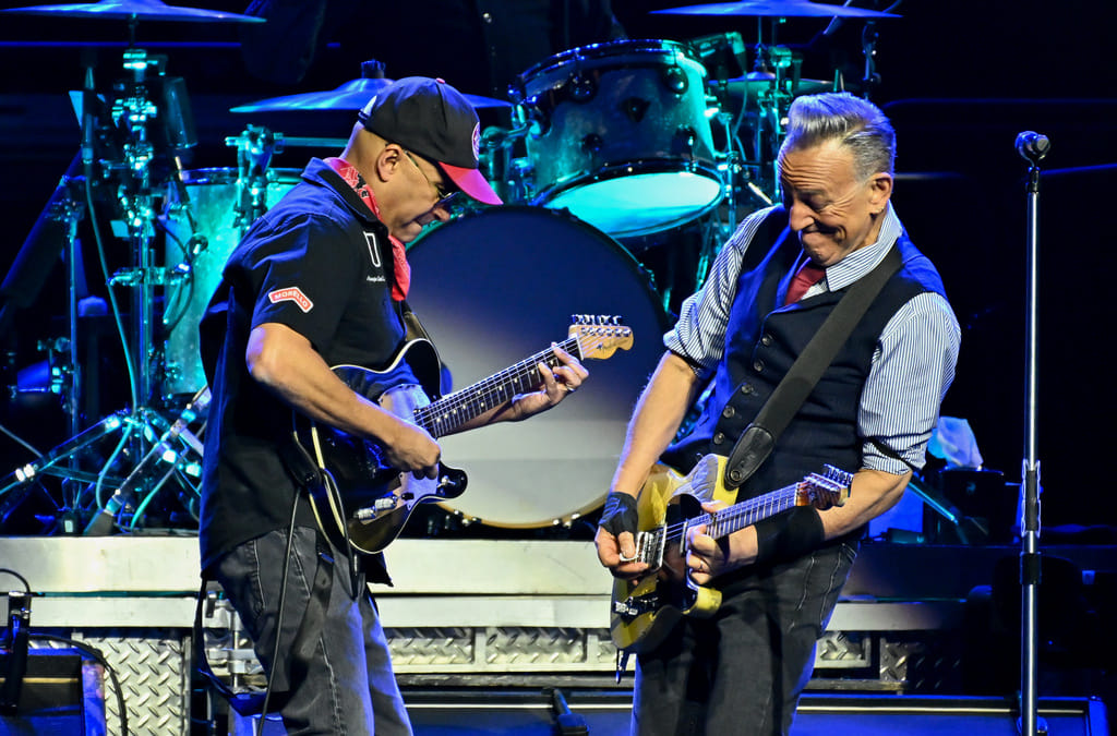 Tom Morello, left, and Bruce Springsteen perform during the "Land of Hope and Dreams" tour at Madison Square Garden on Monday, May 11, 2026, in New York. (Photo by Evan Agostini/Invision/AP)