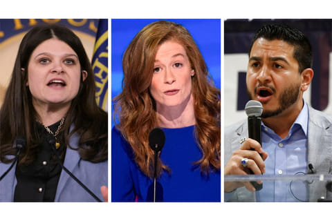 This combination of photos shows Rep. Haley Stevens, D-Mich., Feb. 6, 2025, in Washington, left, Michigan state Sen. Mallory McMorrow, D-Royal Oak, Aug. 19, 2024, in Chicago, center, and Abdul El-Sayed in Detroit on July 28, 2018.
