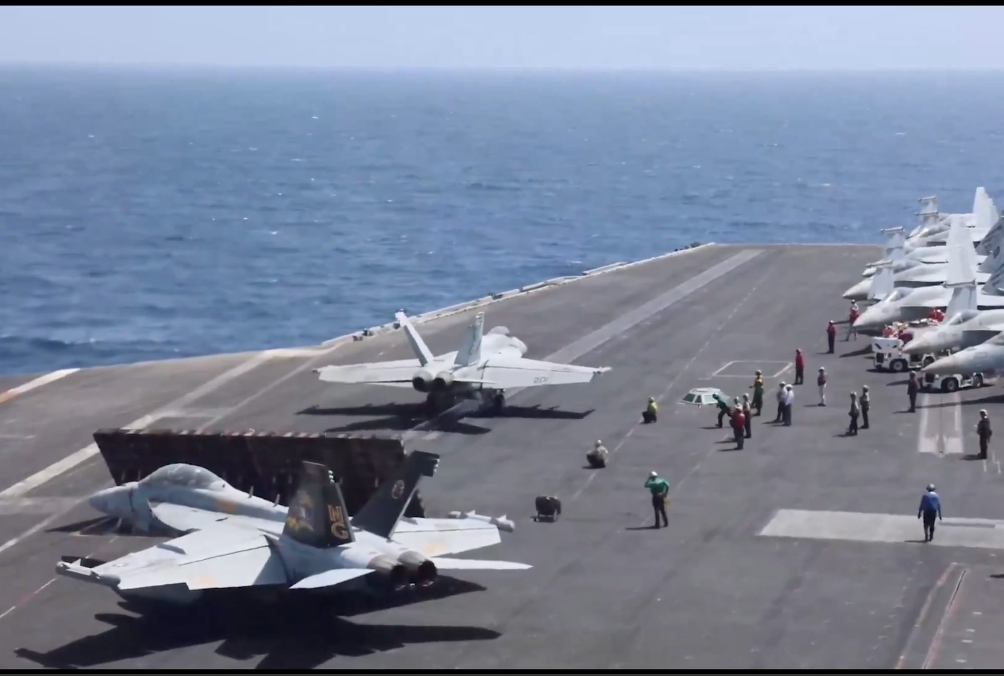 USS Abraham Lincoln (CVN 72) conducts flight operations while transiting the Arabian Sea. Sailors and Marines aboard the aircraft carrier perform their tasks in support of US military operations across the Middle East.