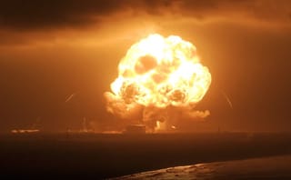 Fire as the uncrewed Blue Origin's New Glenn rocket explodes during a test on a launchpad at Cape Canaveral Space Force Station.