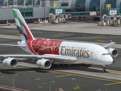 The new Emirates A380 livery celebrates Arsenal’s Premier League title win and marks 20 years of partnership between the Dubai airline and the North London football club.