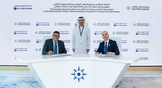 Arlie Peters, Provost - NYU Abu Dhabi and Mohamed Jamal-Eddine, Group Chief Digital and Information Officer at AD Ports Group, with Captain Mohamed Juma Al Shamisi, Group CEO and Managing Director of AD Ports Group. 