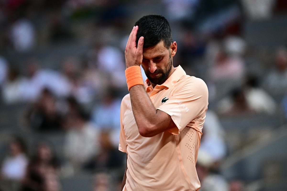 Serbia's Novak Djokovic reacts to his defeat at the end of his men's singles match against Brazil's Joao Fonseca on day 6 of the French Open tennis tournament on Court Philippe-Chatrier at the Roland-Garros Complex in Paris on May 29, 2026.