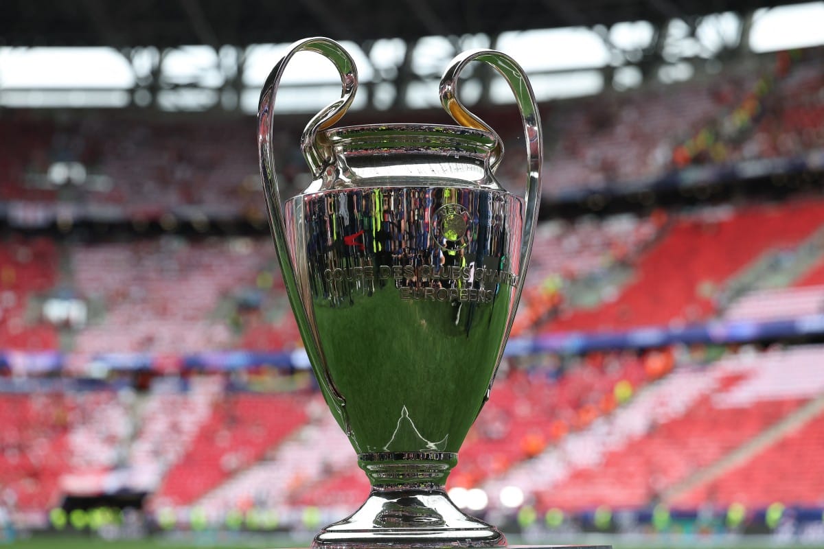 The trophy is displayed on the pitch prior to the UEFA Champions League final football match between Paris Saint-Germain (PSG) and Arsenal FC at the Puskas Arena in Budapest on May 30, 2026.