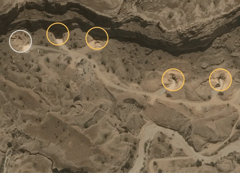 At a missile base in Dezful, Iran, four of the five entrances to the underground facility could be seen reopened on May 12. Circled in gray is the one entrance to the complex that remained blocked. 