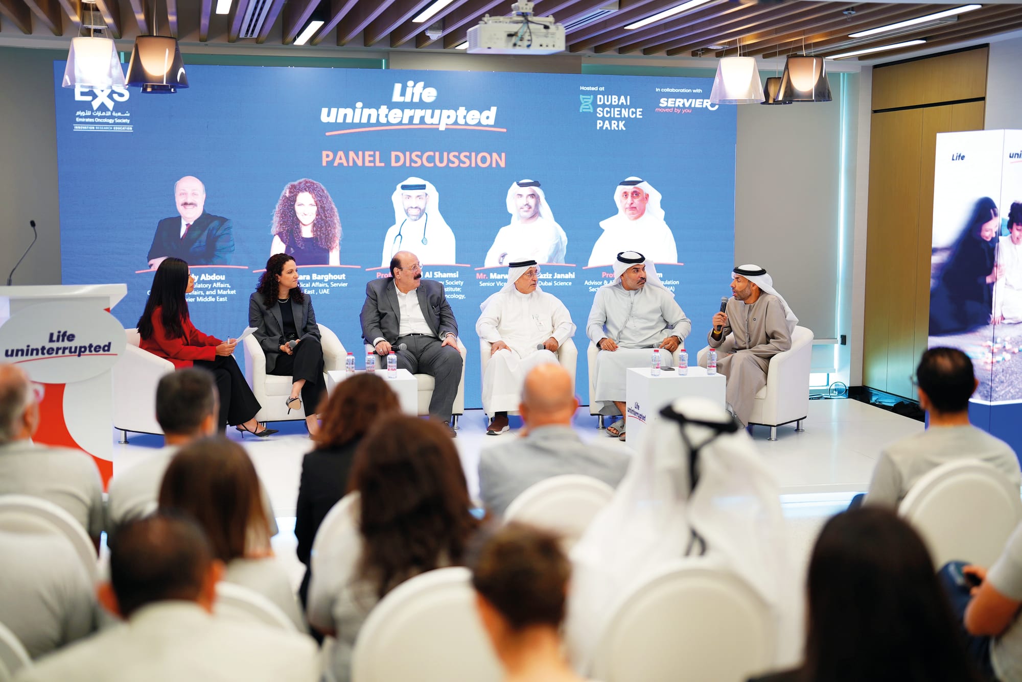 Tamara Barghout, Director of Medical Affairs, Servier Middle East (second from left); Magdy Abdou, Director of Regulatory Affairs, Governmental Affairs, and Market Access, Servier Middle East; Dr Younis Qazzim, Director General Advisor, Acting CEO of Public Health, Dubai Health Authority (DHA); Marwan Abdulaziz Janahi, Senior Vice President of Dubai Science Park, part of TECOM Group; and Prof. Humaid Al Shamsi, President of EOS, CEO, Burjeel Cancer Institute and Adjunct Clinical Professor of Oncology, University of Sharjah, during the panel discussion at Dubai’s Science Park